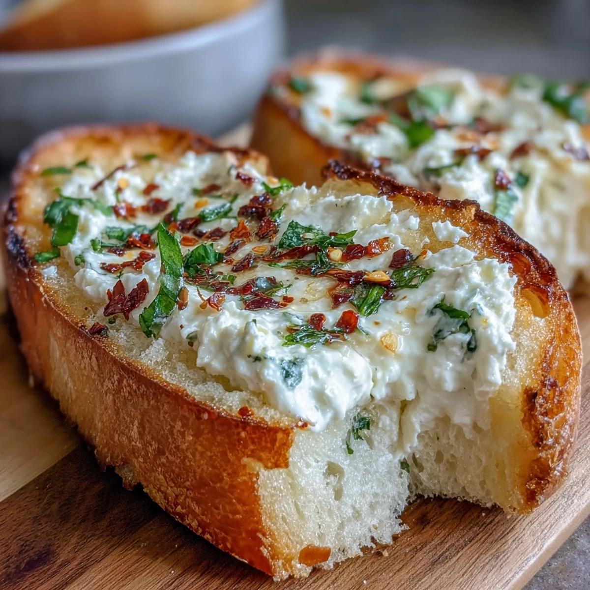 Freshly baked Hot Honey Ricotta Garlic Bread with golden, crispy edges and a creamy garlic spread, ready to serve warm.
