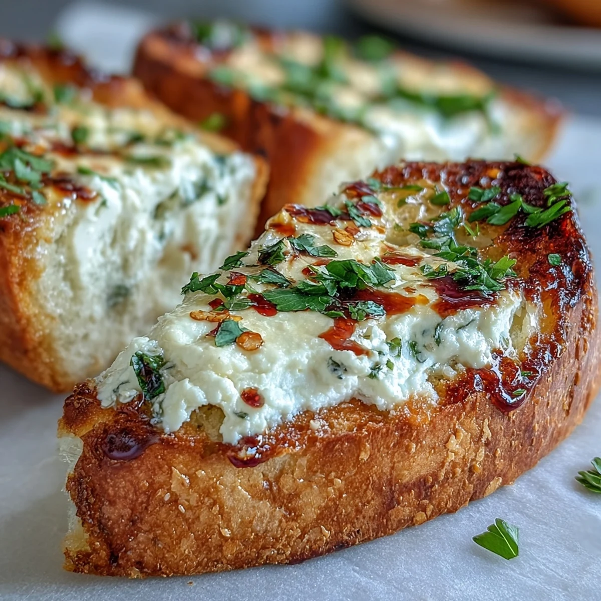 Golden-baked Hot Honey Ricotta Garlic Bread topped with a drizzle of spicy-sweet hot honey and fresh parsley.