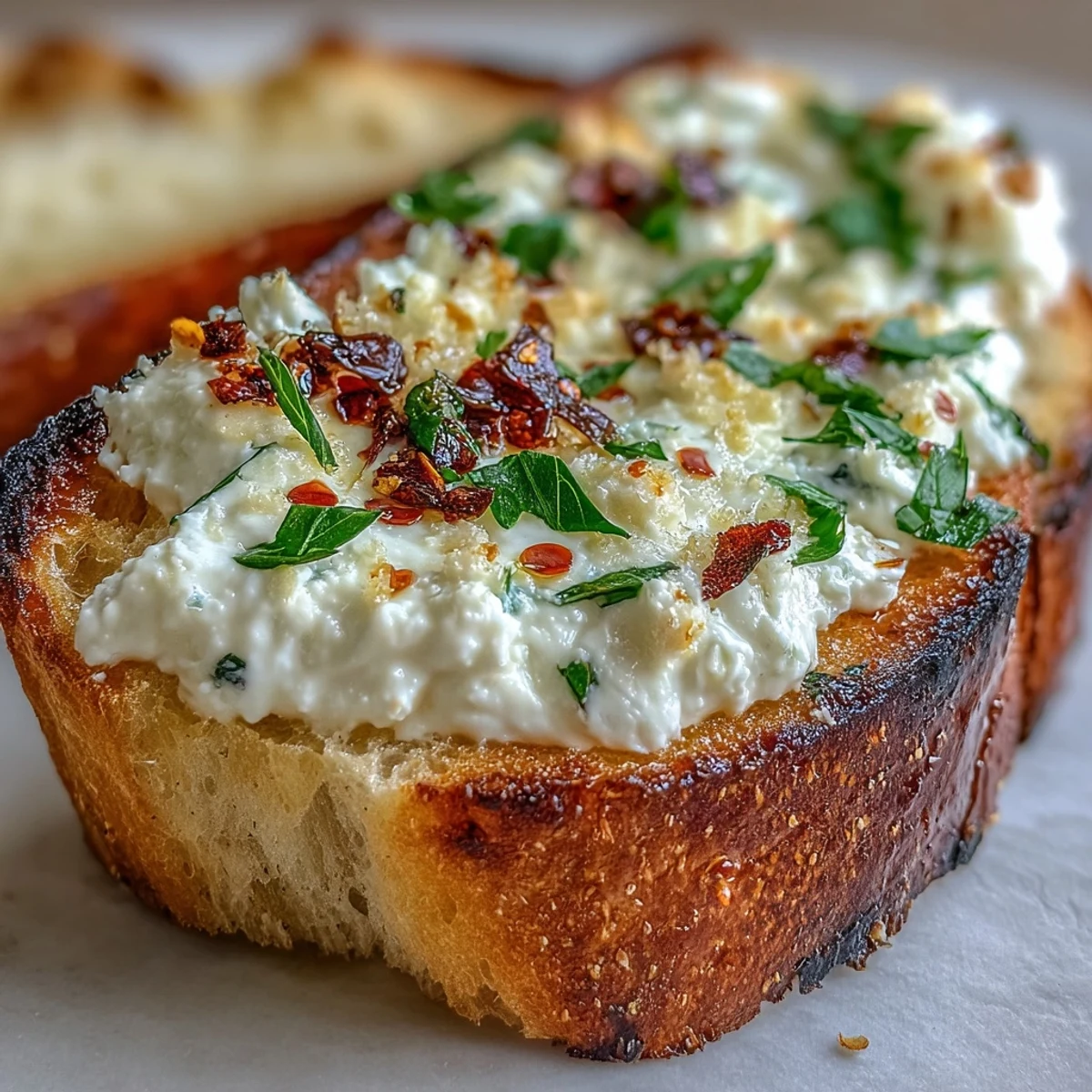 Crusty French baguette slices layered with creamy ricotta spread and drizzled with spicy hot honey for an appetizer.