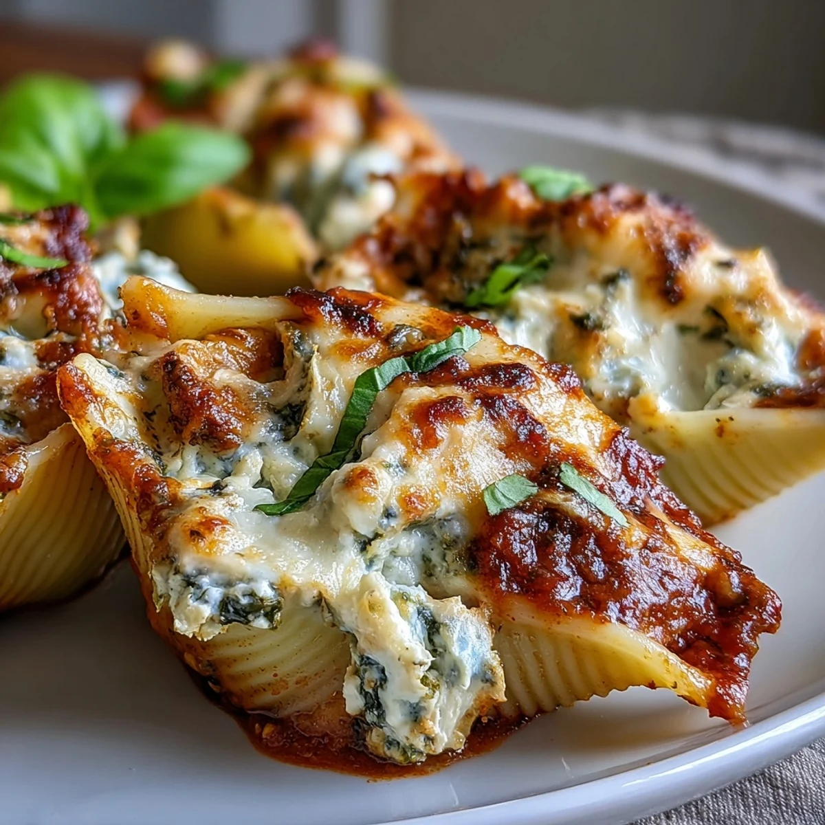 Golden baked Pesto Chicken Stuffed Shells Lite in a dish topped with fresh basil.