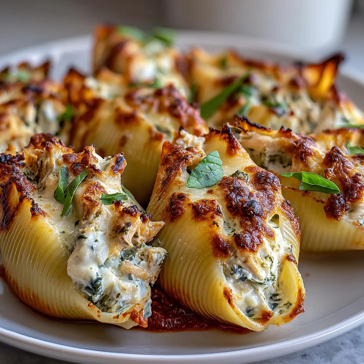 Twelve jumbo pasta shells filled with creamy Greek yogurt pesto chicken, baked in zesty marinara.