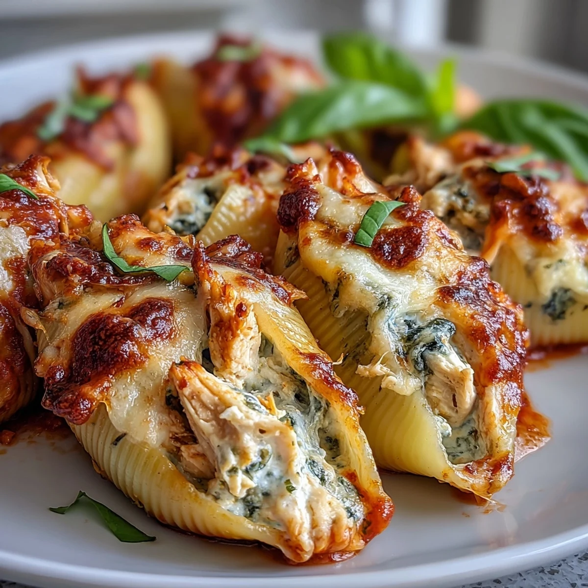 Freshly baked Pesto Chicken Stuffed Shells Lite served on a white plate with a dinner fork.