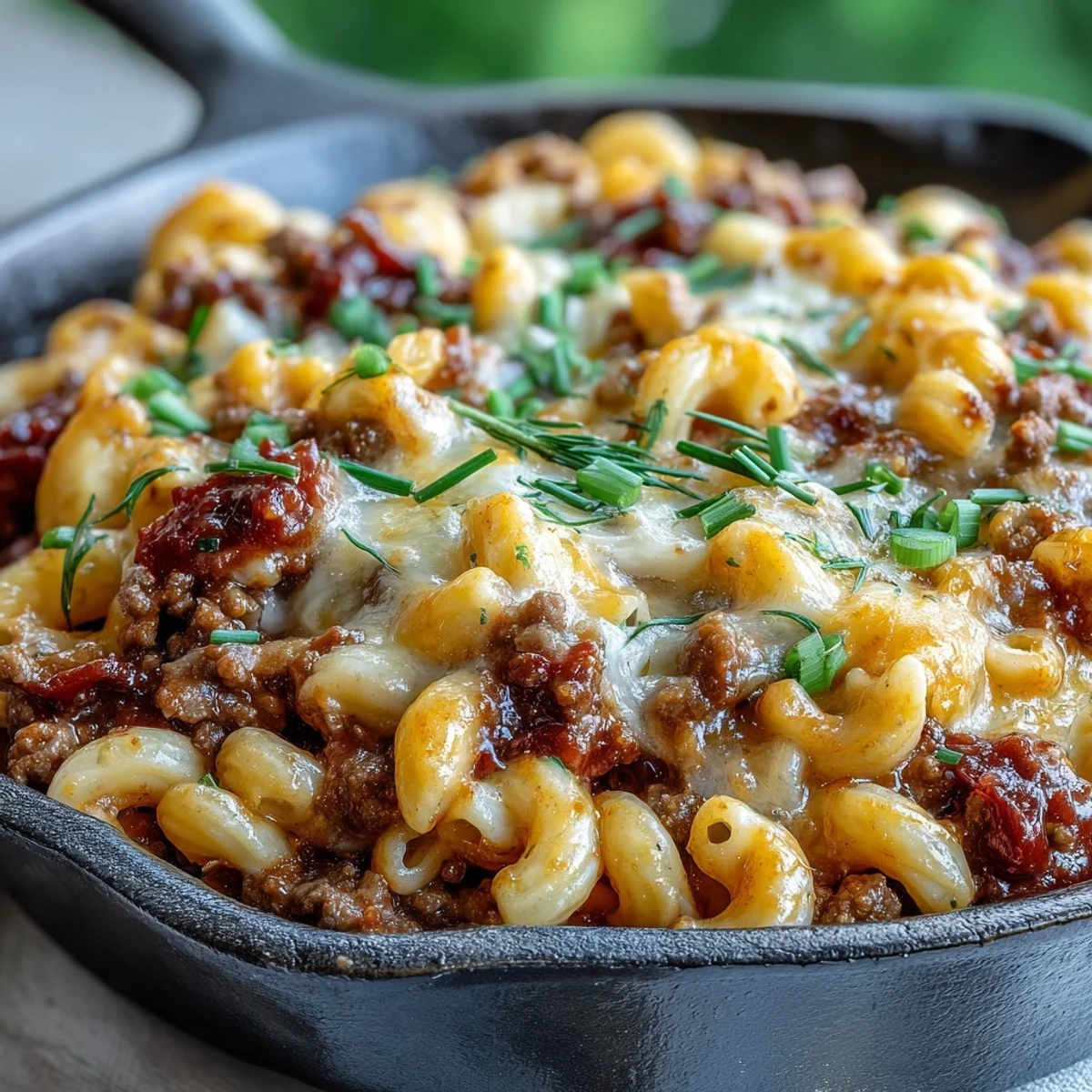 Freshly chopped pickles and green onions sprinkled over One-Pan Cheeseburger Chili Mac, highlighting the hearty ground beef and pasta texture.