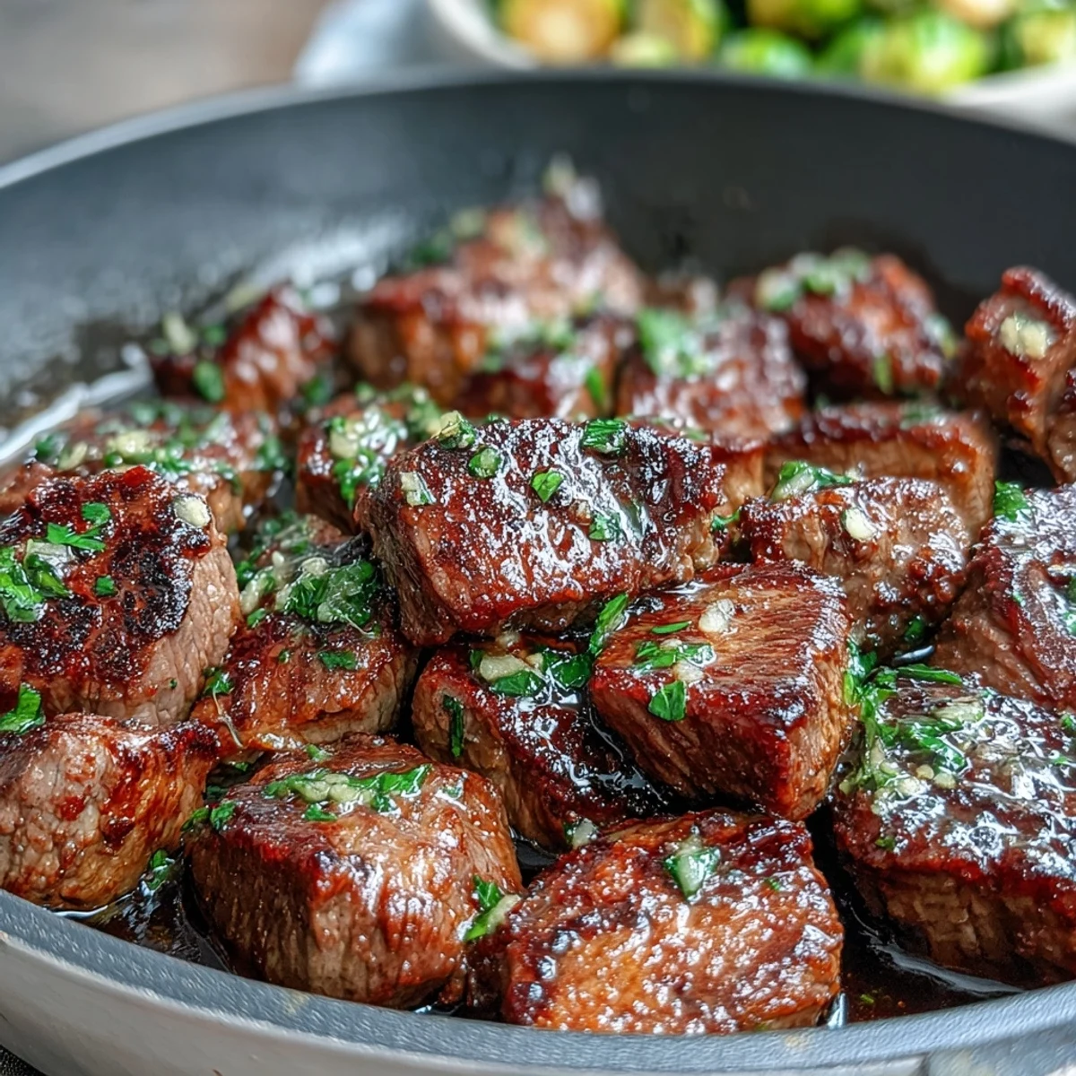 Golden-brown Keto Lemon Garlic Butter Steak Bites glisten with fresh parsley, paired with crispy roasted Brussels sprouts on a rustic plate.