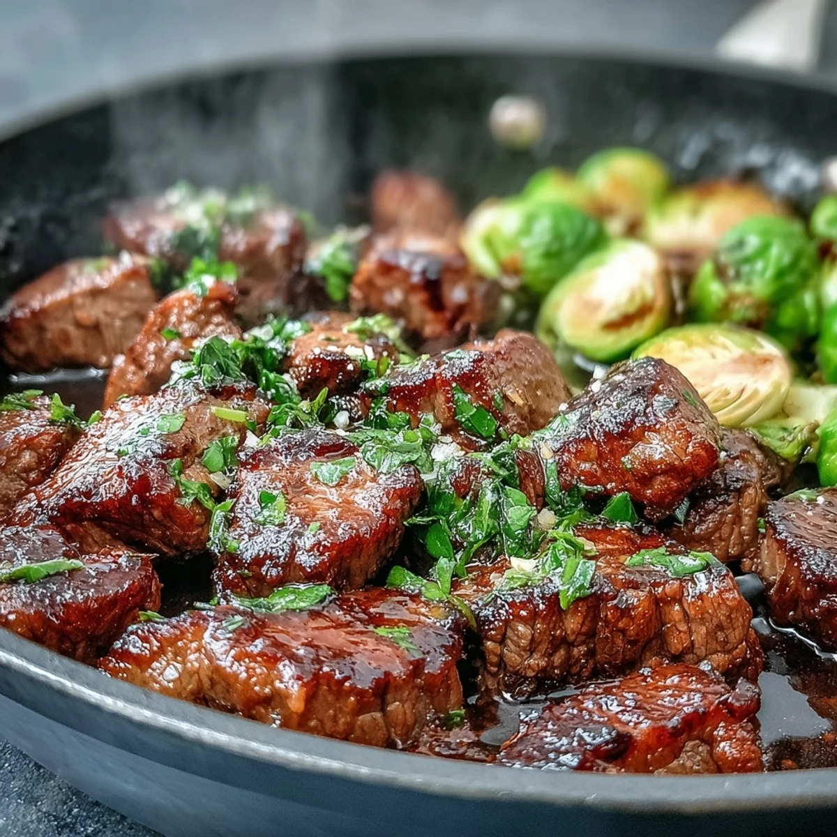 Sizzling steak bites are tossed in aromatic lemon garlic butter sauce, served hot alongside tender, caramelized Brussels sprouts for a keto dinner.