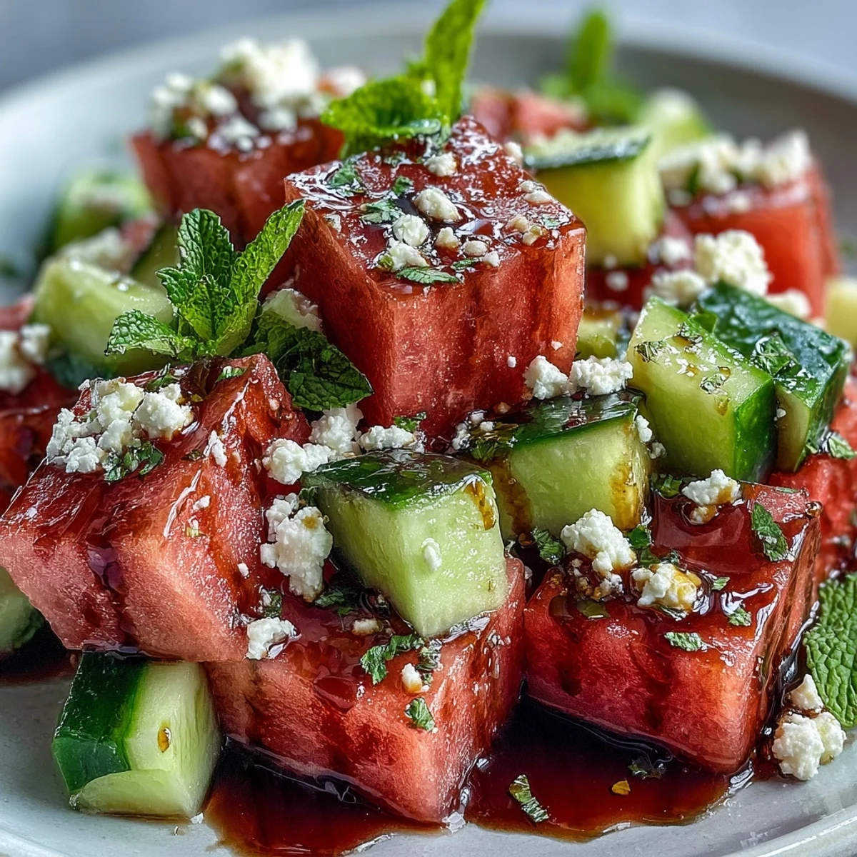 Bright bowl of watermelon feta cucumber salad garnished with fresh mint, perfect for a refreshing summer side dish at a BBQ.