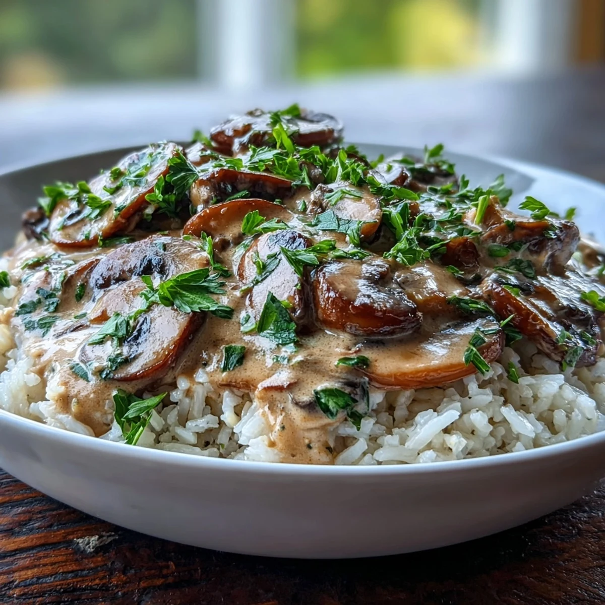 Creamy Vegan Mushroom Stroganoff over Brown Rice served hot in a rustic bowl, garnished with fresh parsley.