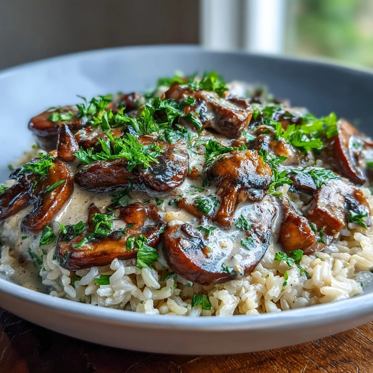 Savory Vegan Mushroom Stroganoff over Brown Rice with rich, glossy sauce next to a fork for serving.