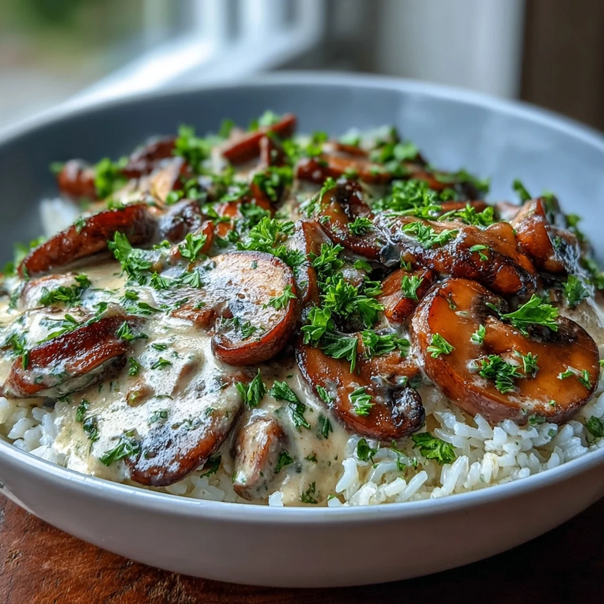 Comforting Vegan Mushroom Stroganoff over Brown Rice topped with fresh herbs, ready to enjoy on a wooden table.