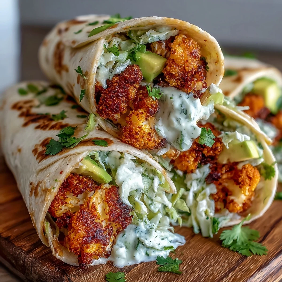 Crispy, spicy Vegan Buffalo Cauliflower Wraps are served on a plate with creamy vegan ranch slaw.