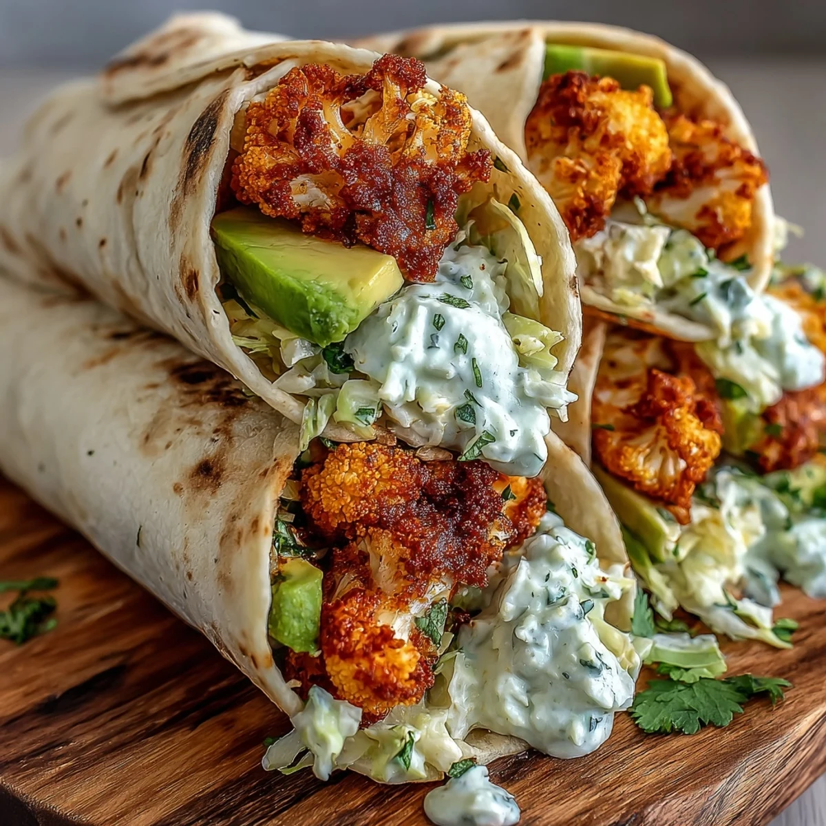 Golden-baked cauliflower spears glisten in buffalo sauce inside a warm, soft flour tortilla wrap.