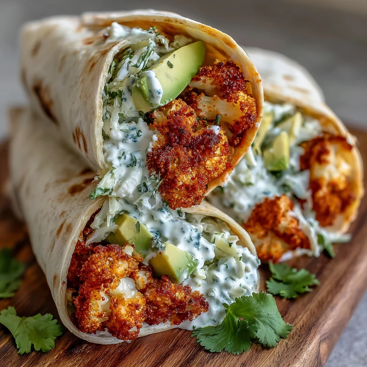 A halved Vegan Buffalo Cauliflower Wrap reveals vibrant slaw and avocado, ready for a satisfying lunch.