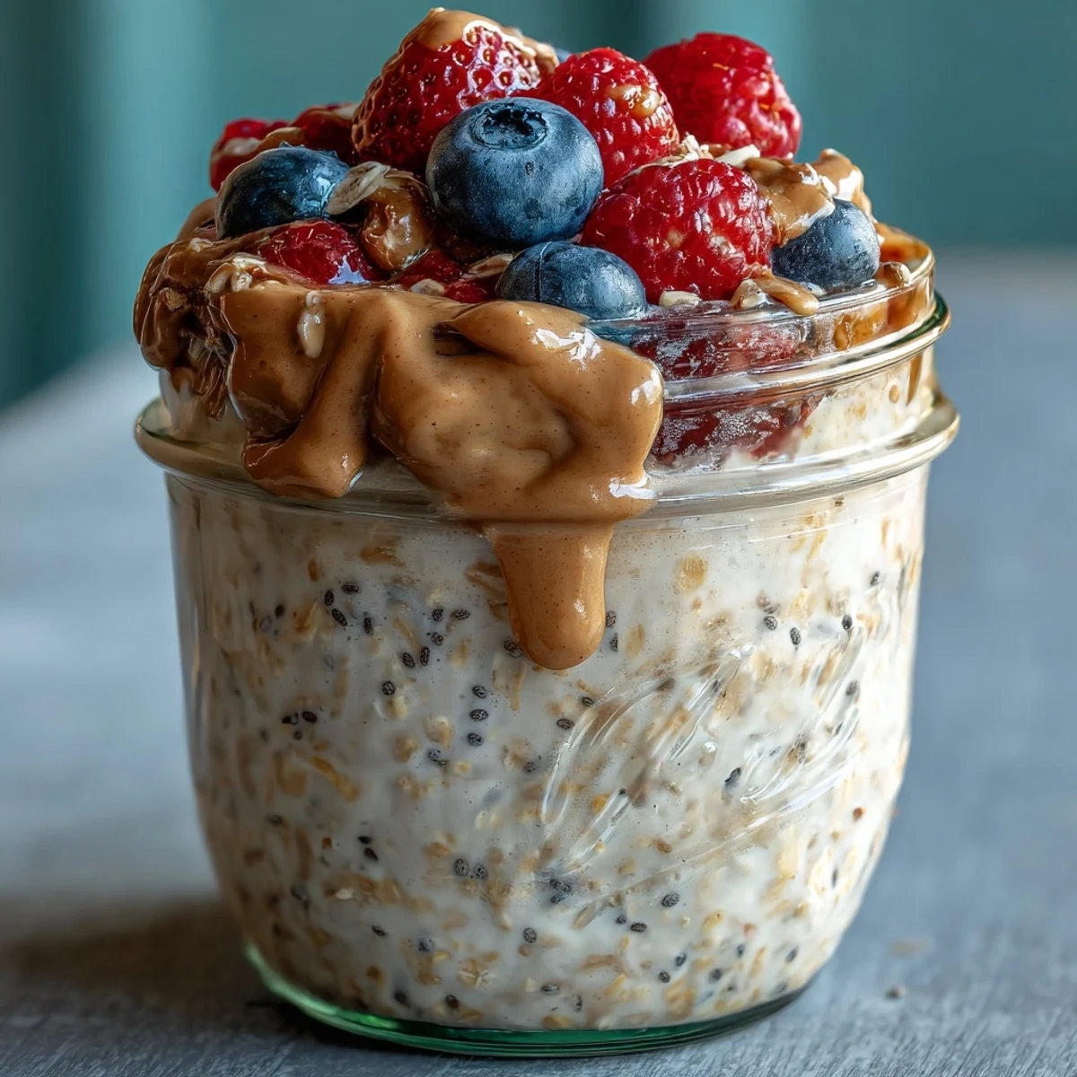 Clean Eating Berry Overnight Oats with Almond Butter Swirl served chilled for a quick, healthy breakfast.