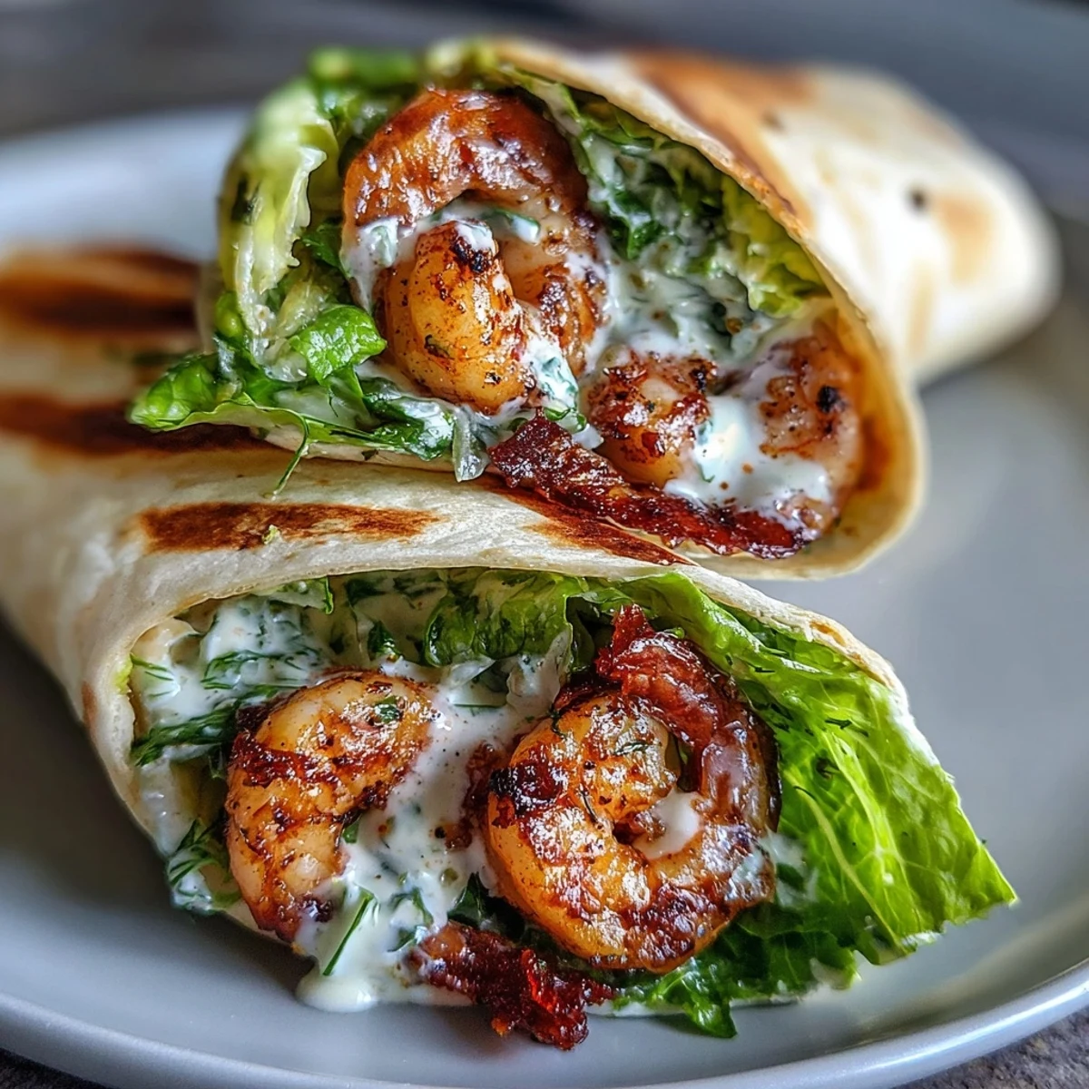 Golden grilled shrimp piled high with crisp chopped romaine and shaved Parmesan inside a soft flour tortilla.