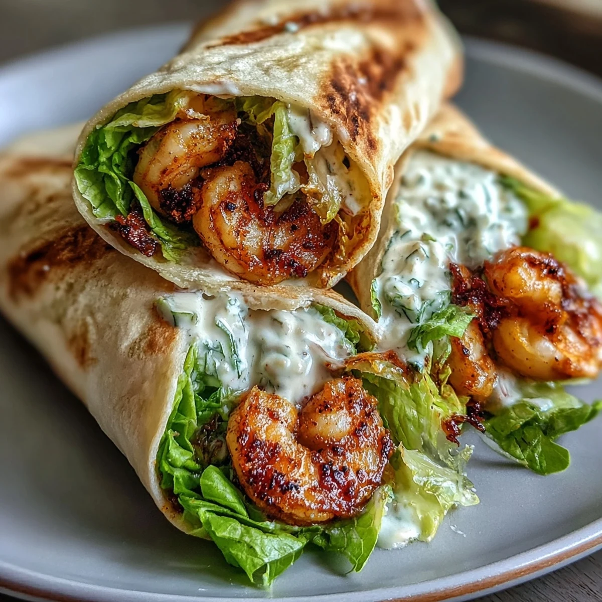 Grilled shrimp Caesar wraps stuffed with romaine, Parmesan, and optional tomatoes and croutons on a plate.