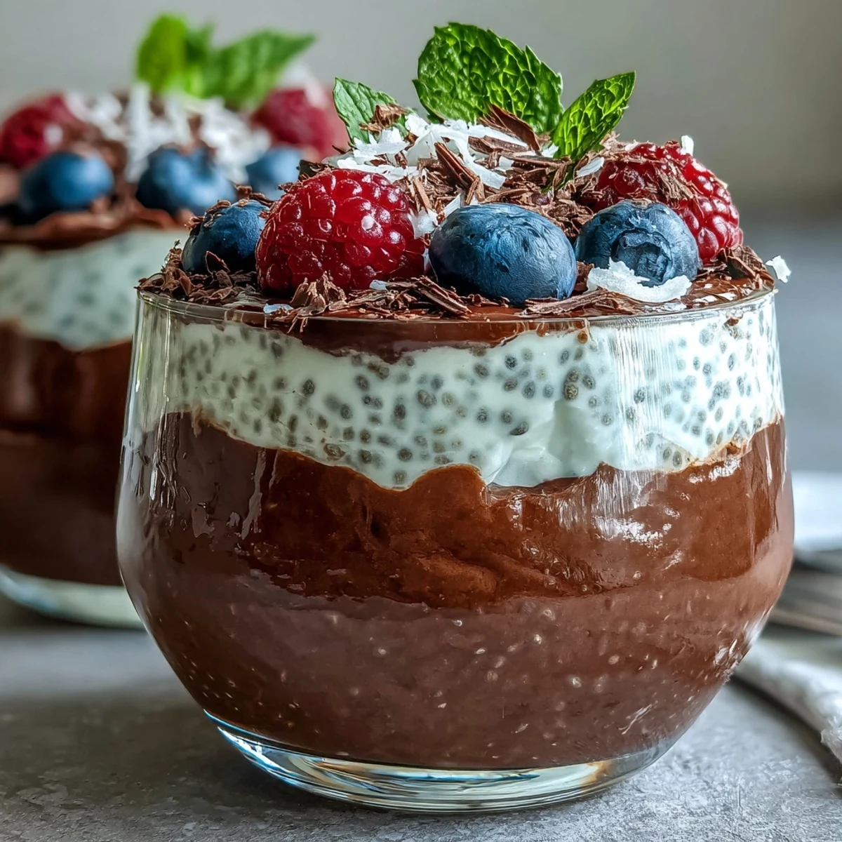 Creamy Vegan Chocolate Chia Pudding Parfaits layered with fluffy coconut whip, topped with fresh berries and dark chocolate shavings.