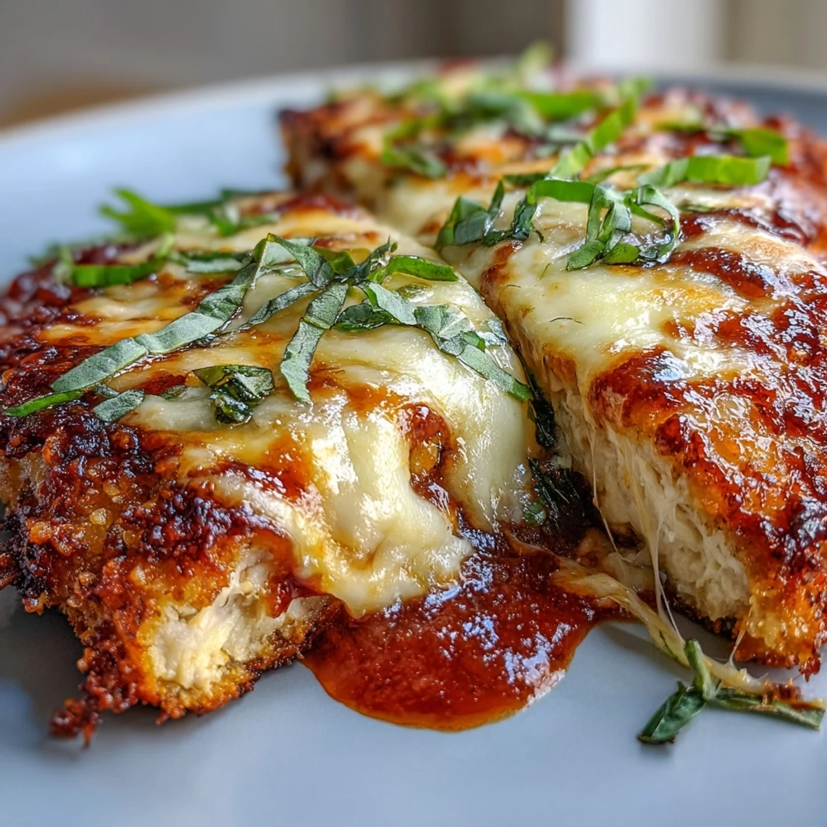 Sliced Keto Baked Chicken Parmesan revealing juicy meat, served alongside zucchini noodles and a vibrant green salad.