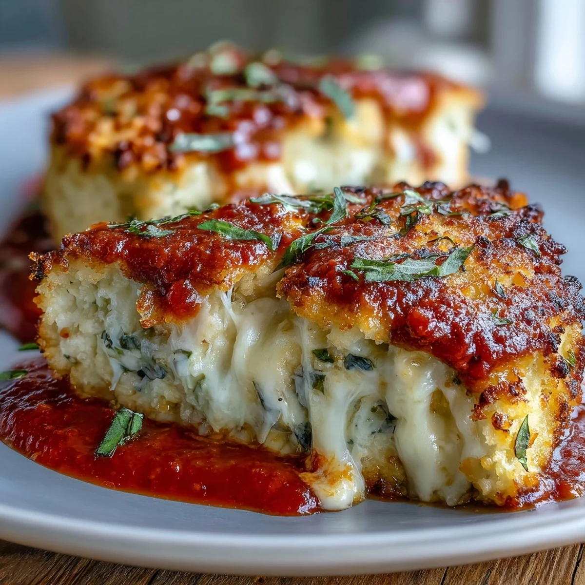 Ooey-gooey sugar-free marinara and melted mozzarella top this Keto Baked Chicken Parmesan, garnished with fresh basil.