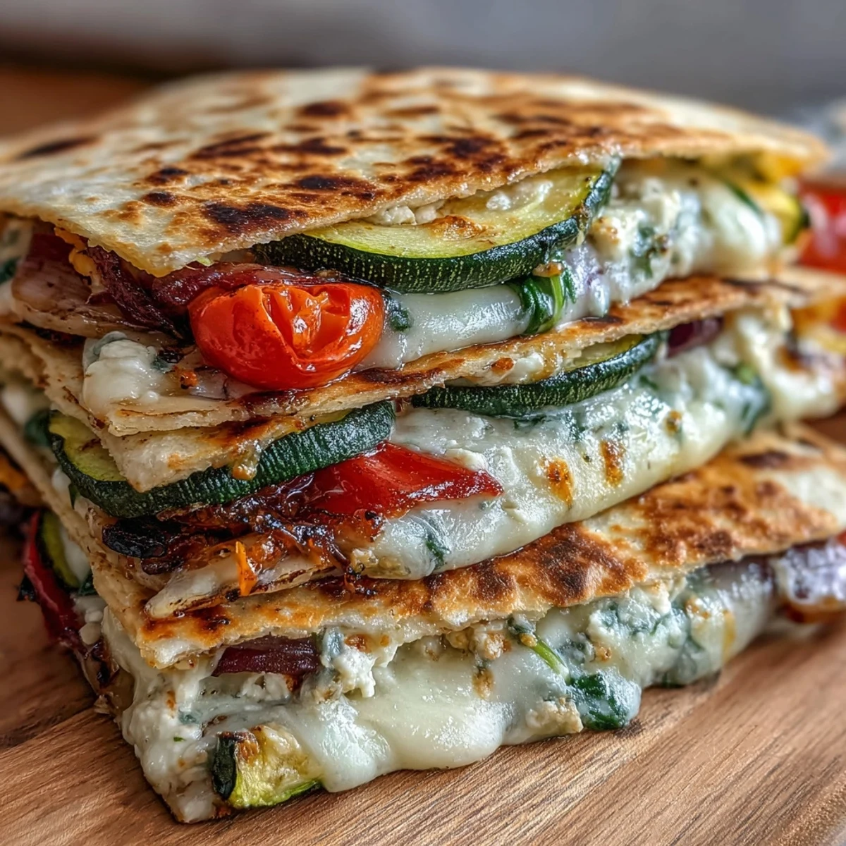 Grilled Mediterranean Veggie Quesadillas with golden, crispy tortillas and melted feta on a plate.