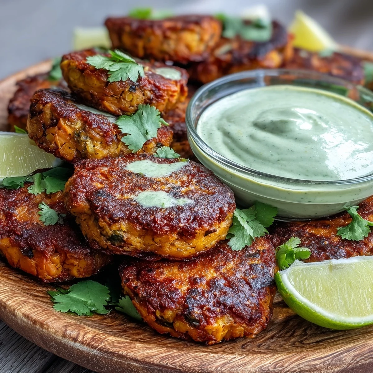 Crispy Sweet Potato & Red Lentil Patties glisten with a golden pan-sear, served alongside a vibrant avocado cilantro sauce.