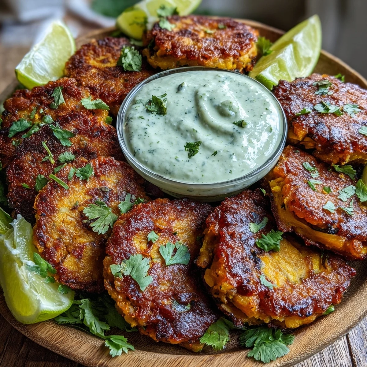 Freshly fried Crispy Sweet Potato & Red Lentil Patties stacked high, topped with a dollop of creamy avocado cilantro dip.
