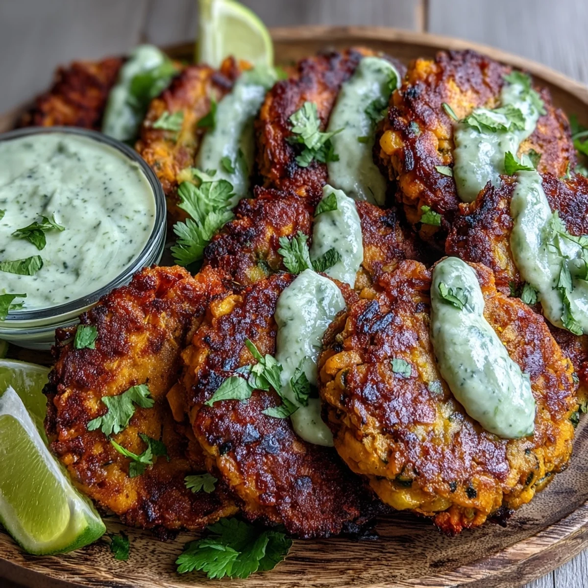 Golden Crispy Sweet Potato & Red Lentil Patties arranged on a rustic plate with a drizzle of green avocado sauce.