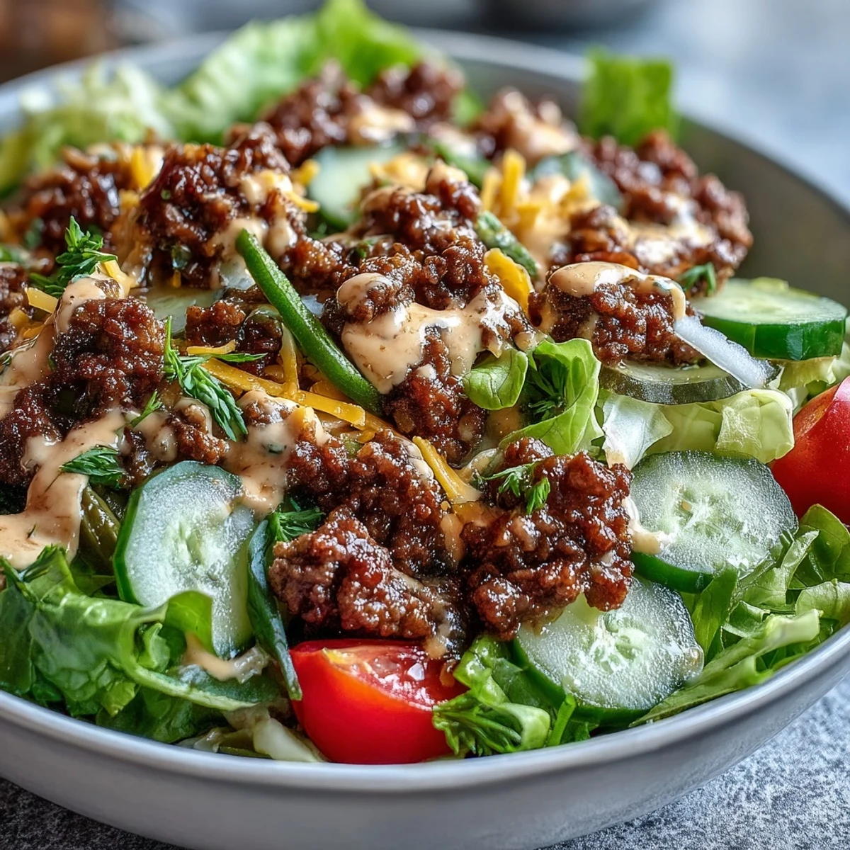 Fork-tender seasoned beef and melted cheddar top crisp lettuce in these High-Protein Cheeseburger Bowls, drizzled with a tangy burger-style sauce.