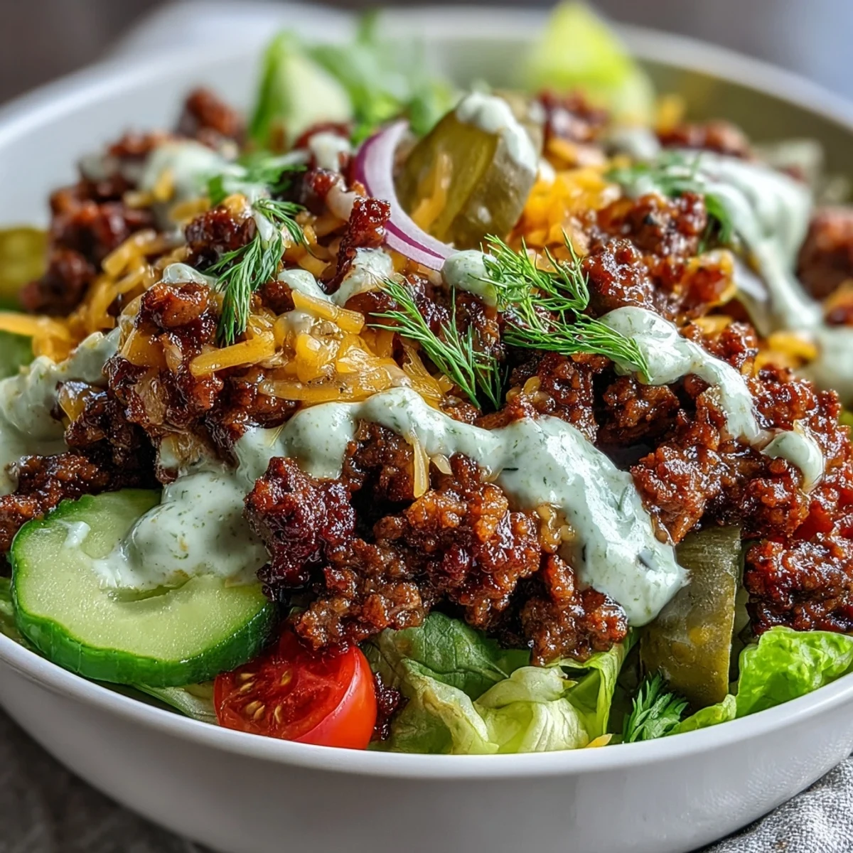 A wholesome High-Protein Cheeseburger Bowl packed with savory ground beef, shredded cheese, and colorful veggies for a satisfying meal.