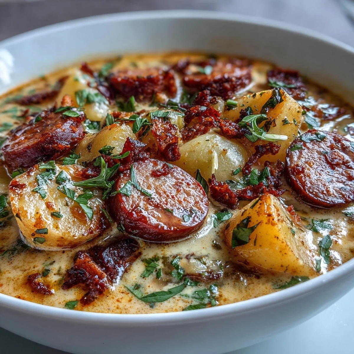 Hearty bowl of creamy Cajun potato soup with andouille sausage, topped with green onions and served with crusty bread.  