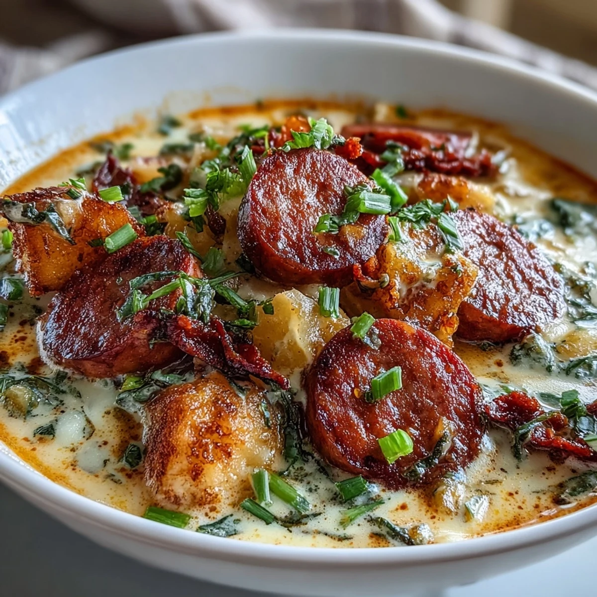 Rich and spicy Cajun potato soup with tender potatoes, smoky sausage, and a velvety cream base in a rustic bowl.  