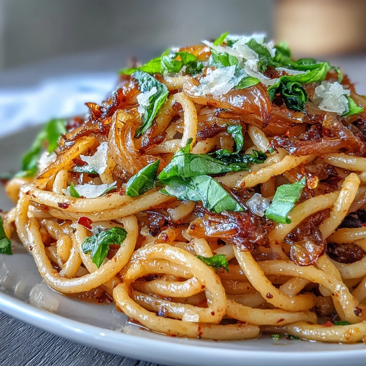 Caramelized Onion Pasta with Chili Oil in a skillet, topped with fresh herbs and Parmesan.  