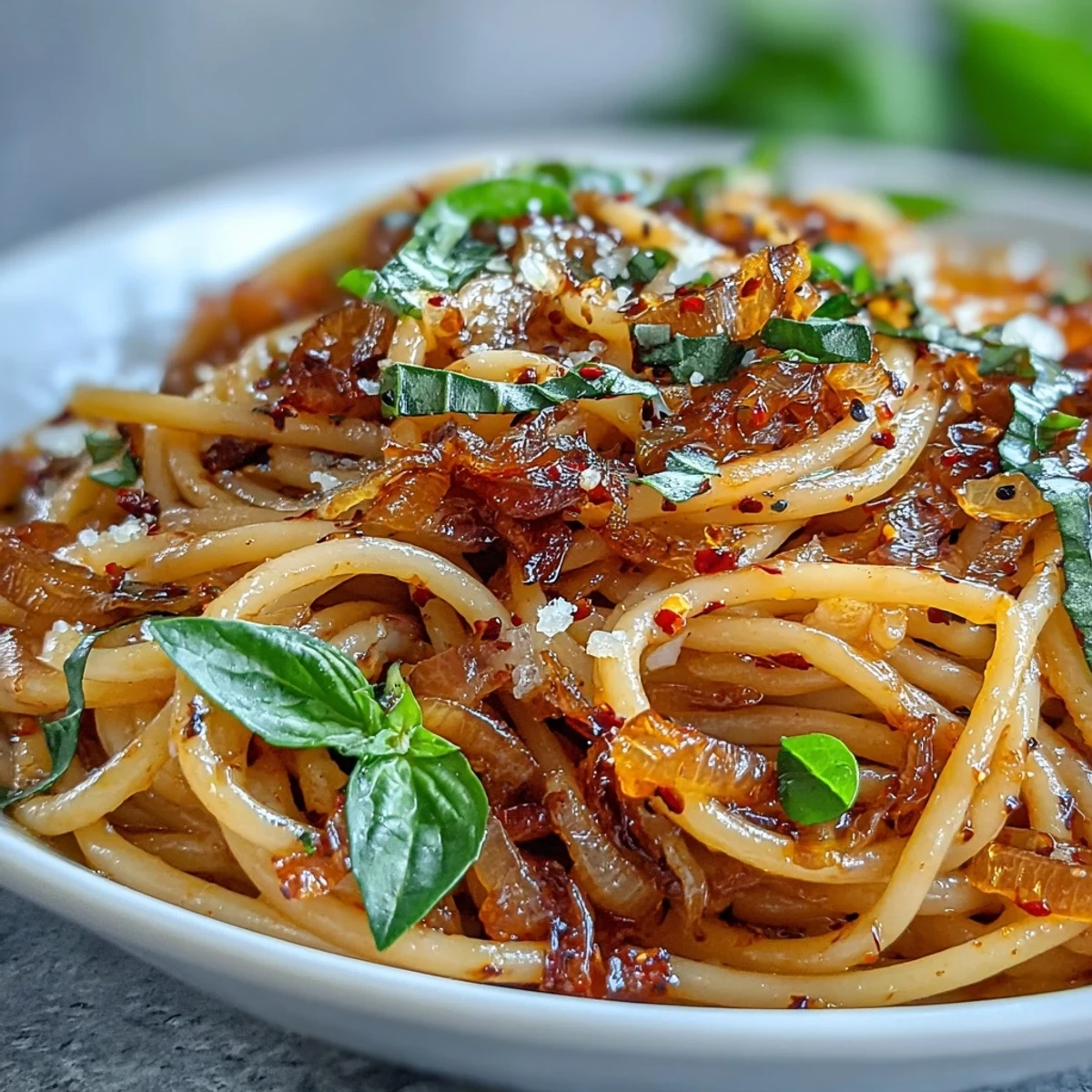 Aromatic chili oil drizzled over pasta with golden caramelized onions and fresh basil.  