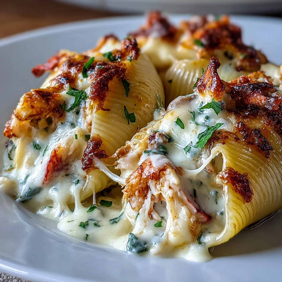 Indulge in tender jumbo pasta shells stuffed with a decadent blend of lobster, crab, and creamy cheeses.  