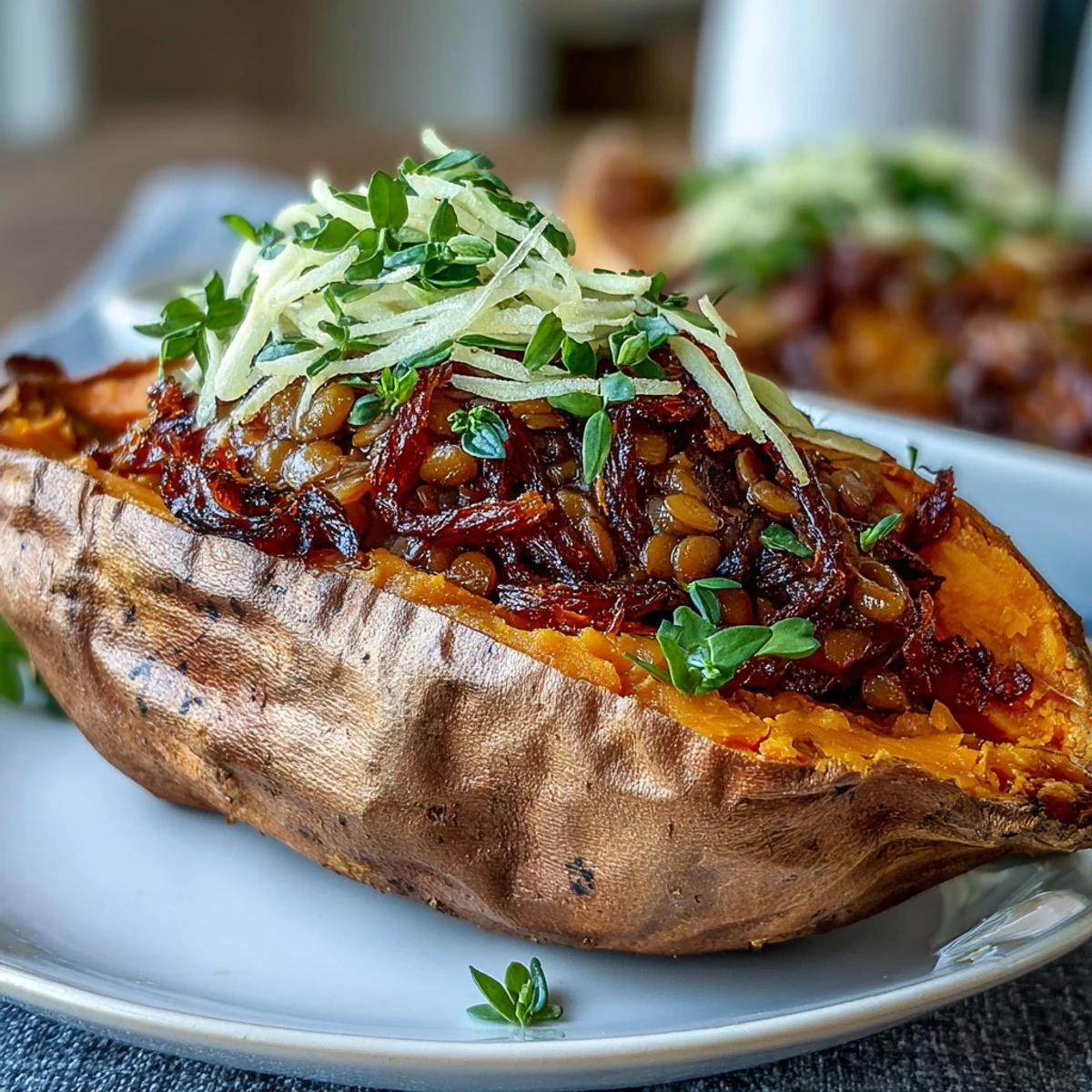 Hearty vegan stuffed sweet potatoes filled with smoky BBQ chickpeas and topped with crunchy, tangy slaw for a colorful plant-based meal.