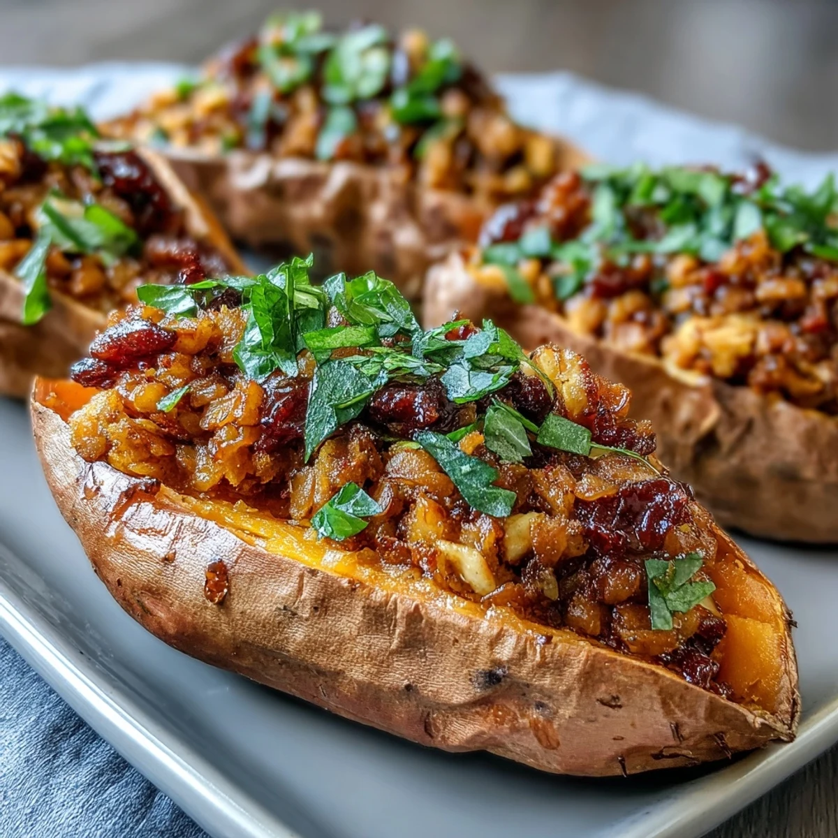 Tender baked sweet potatoes generously stuffed with savory BBQ chickpeas and fresh cilantro slaw, perfect for a nourishing plant-based feast.