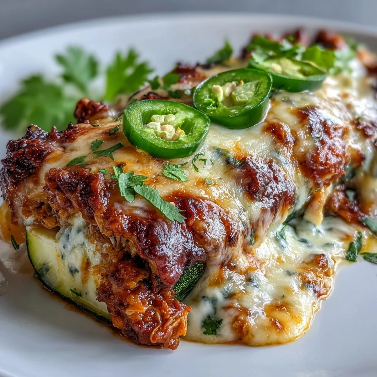 Keto chicken enchilada zucchini boats with melted cheese, baked until tender and bubbling with savory Mexican flavors.  