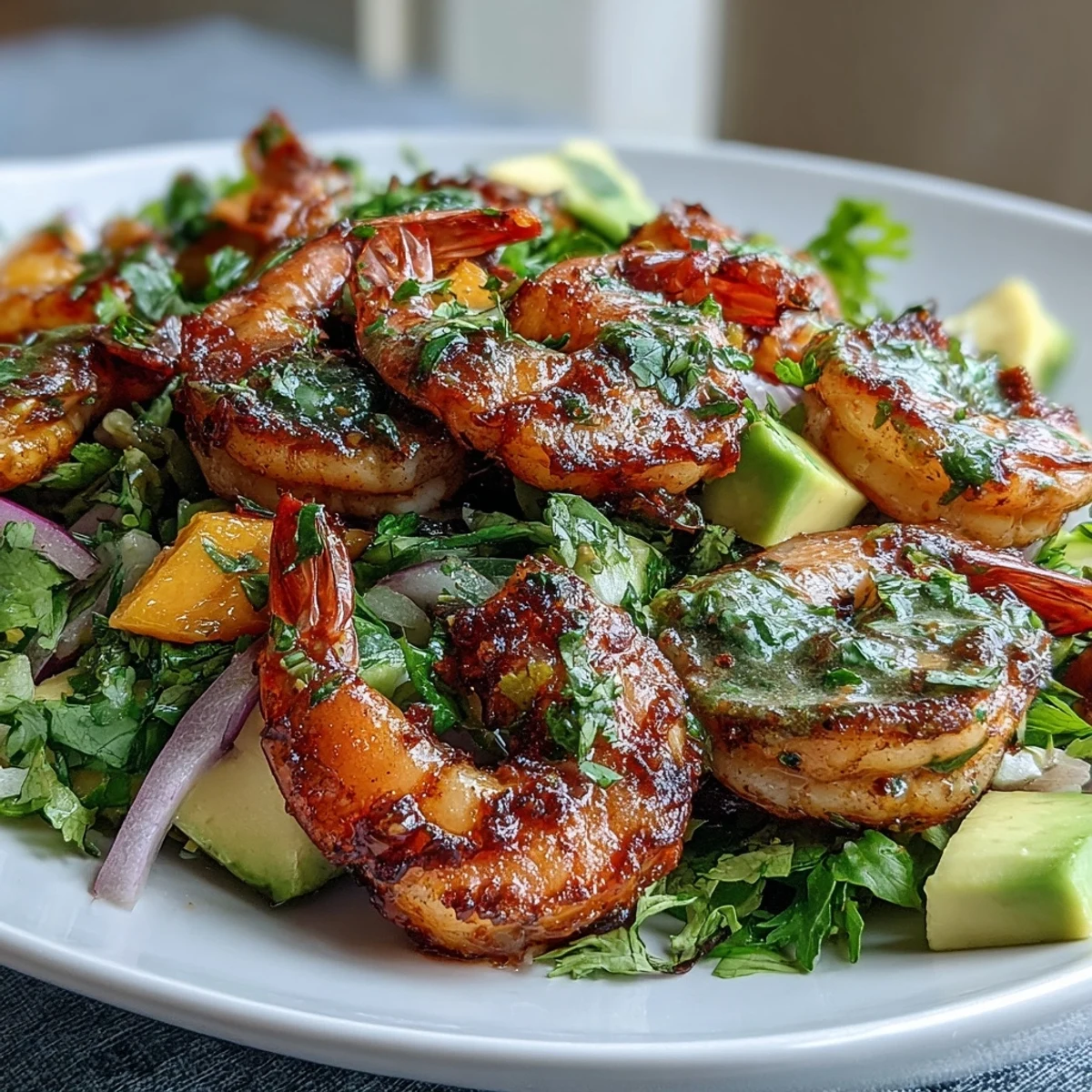A colorful, summer-ready salad with grilled shrimp, ripe mango, and avocado, drizzled in zesty chili-lime dressing.  