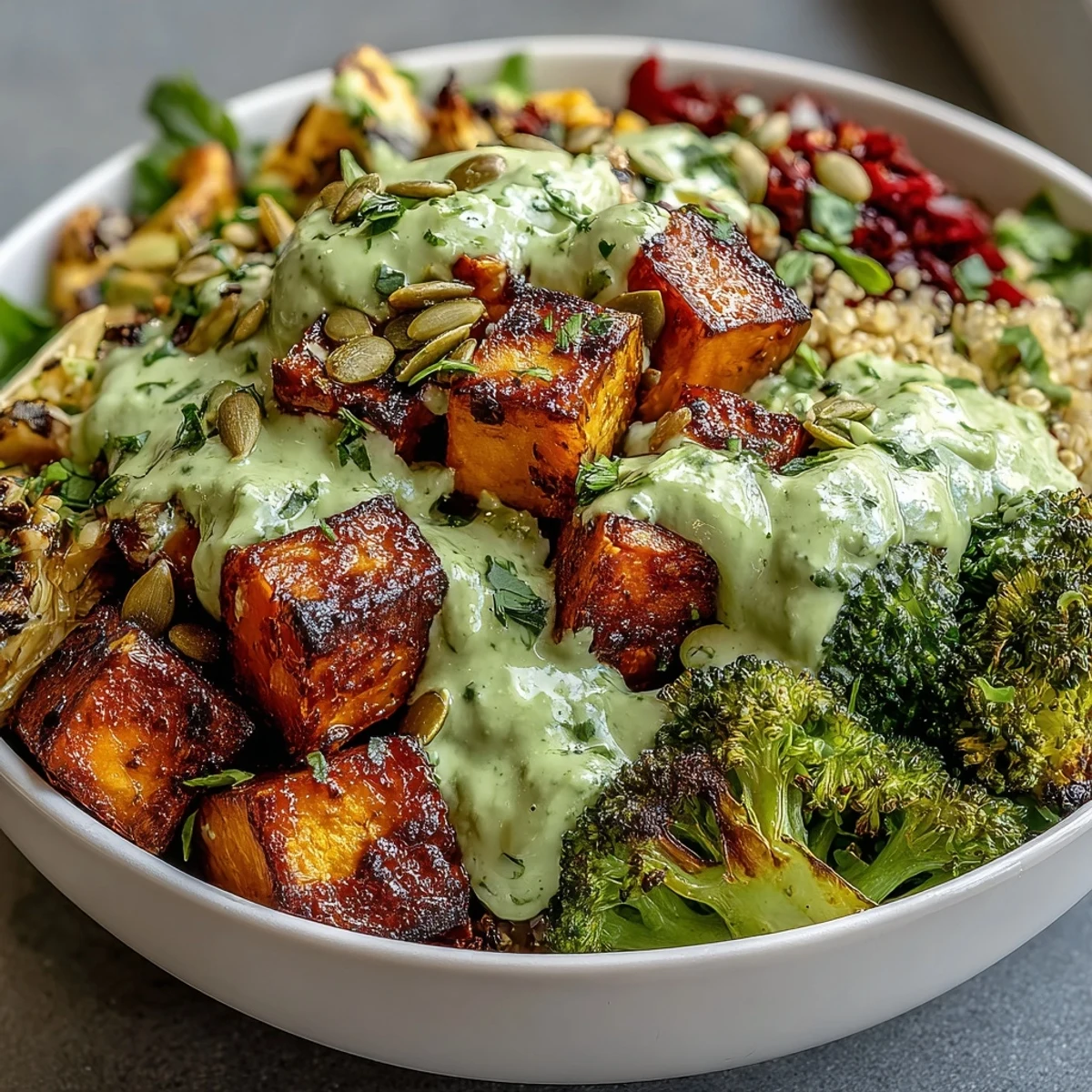 Colorful vegan Buddha bowl with roasted sweet potato, broccoli, and bell pepper, topped with creamy green goddess avocado dressing and crunchy pumpkin seeds.