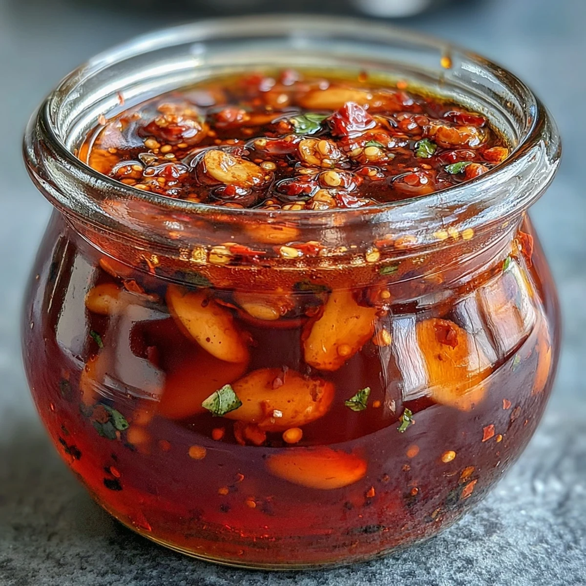 A vibrant jar of spicy Calabrian chili oil with floating chili flakes and golden garlic slices.  
