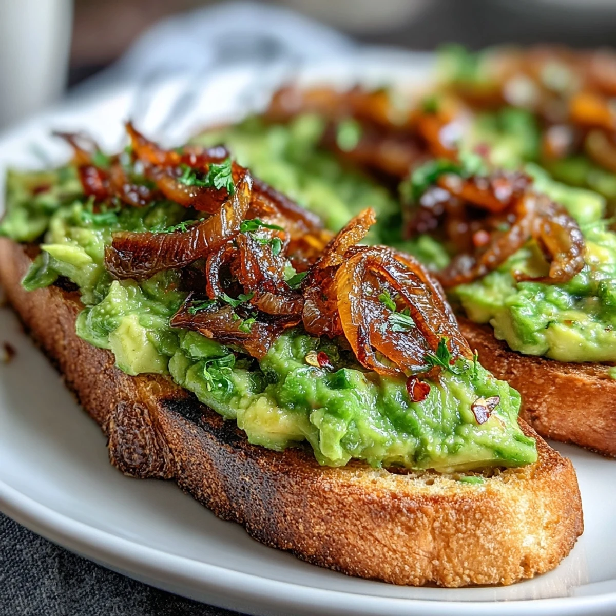 Zesty avocado mash on toasted sourdough, finished with a spicy-sweet chilli-lime dressing and crisp shallot topping.