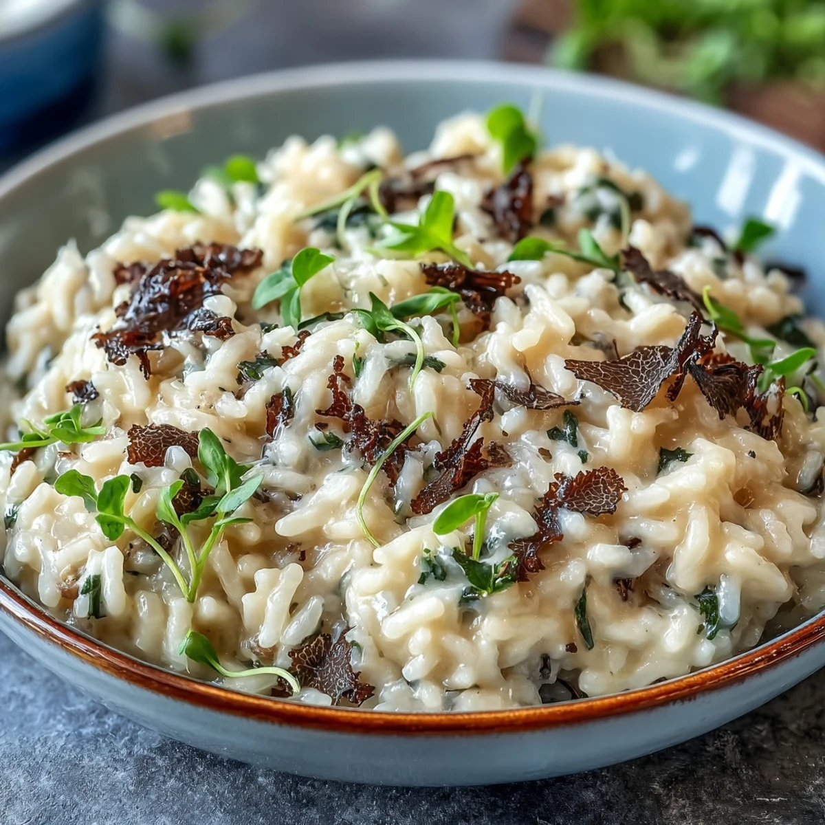 Luxurious Arborio rice cooked to perfection, infused with truffle oil and topped with crisp, vibrant pea shoots.