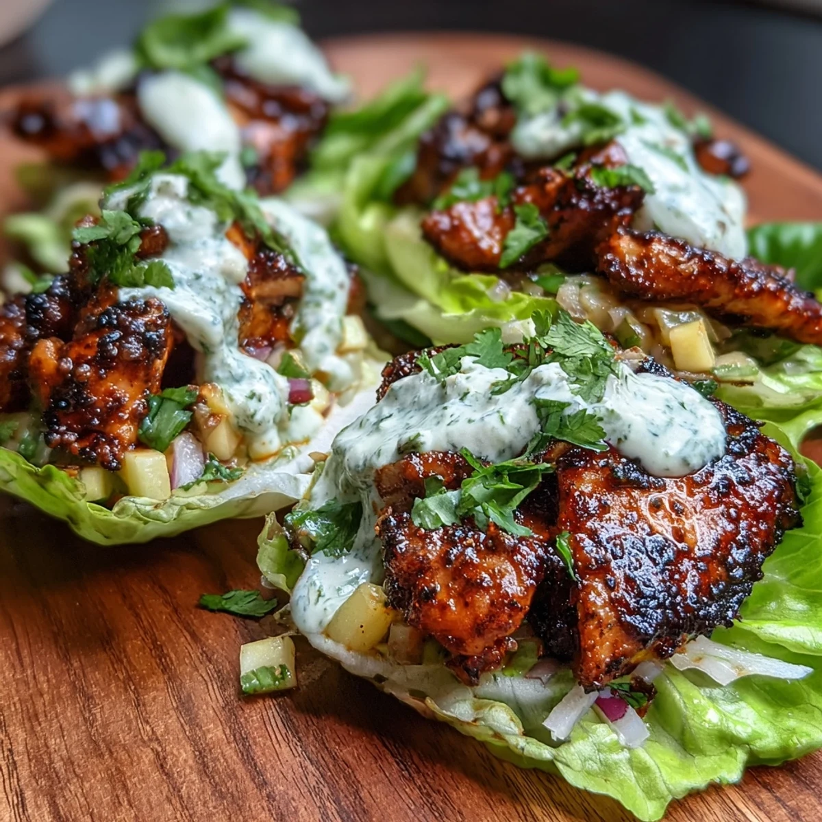 Spicy jerk-seasoned chicken nestled in fresh lettuce cups, garnished with zesty mango salsa and a drizzle of smooth coconut crema for a bright, flavorful dish.