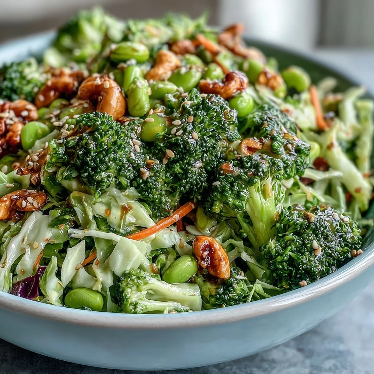 Colorful broccoli crunch salad loaded with crunchy cabbage, carrots, and edamame, tossed in a tangy sesame-ginger dressing for a refreshing side dish.