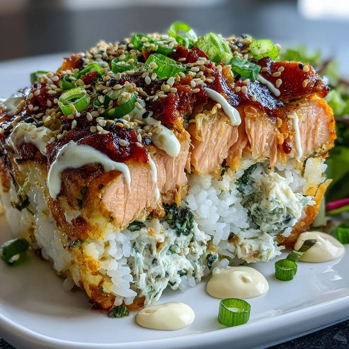 3. Warm and comforting salmon sushi bake, featuring flaky fish, seasoned sushi rice, and a drizzle of Sriracha mayo, perfect for sharing.
