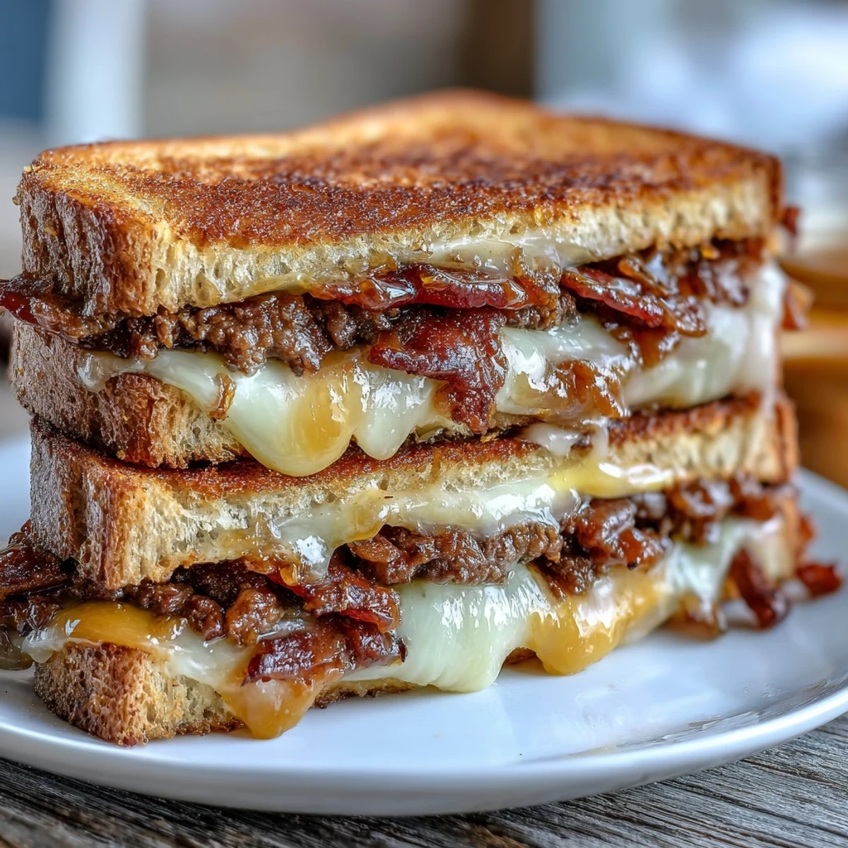 Indulge in a gourmet grilled cheese layered with melted cheddar, thick beef bacon, tart apple slices, and spicy-sweet hot honey between artisan bread.