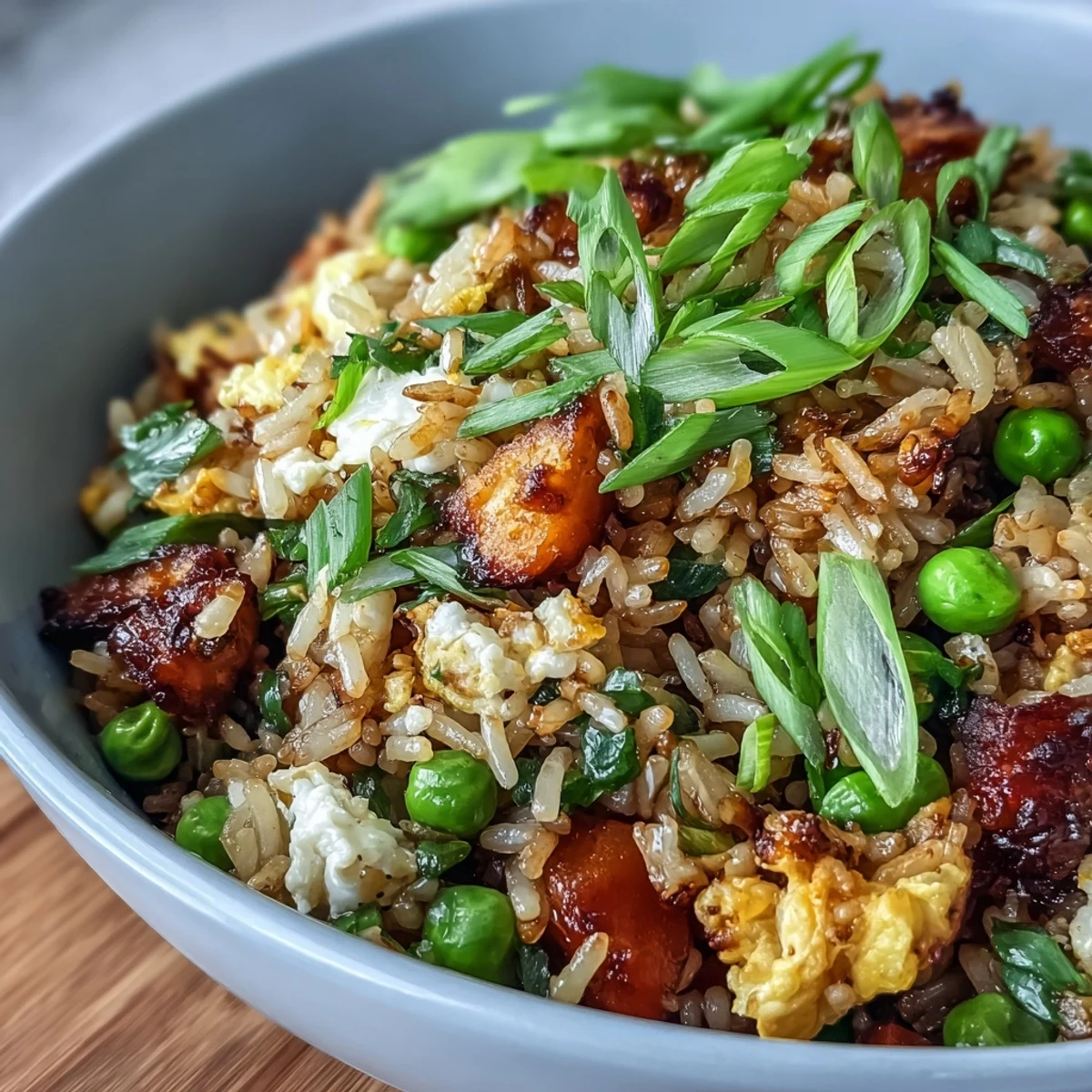 A colorful bowl of veggie-packed fried rice with spring peas, carrots, and red bell pepper, served hot and ready to enjoy.
