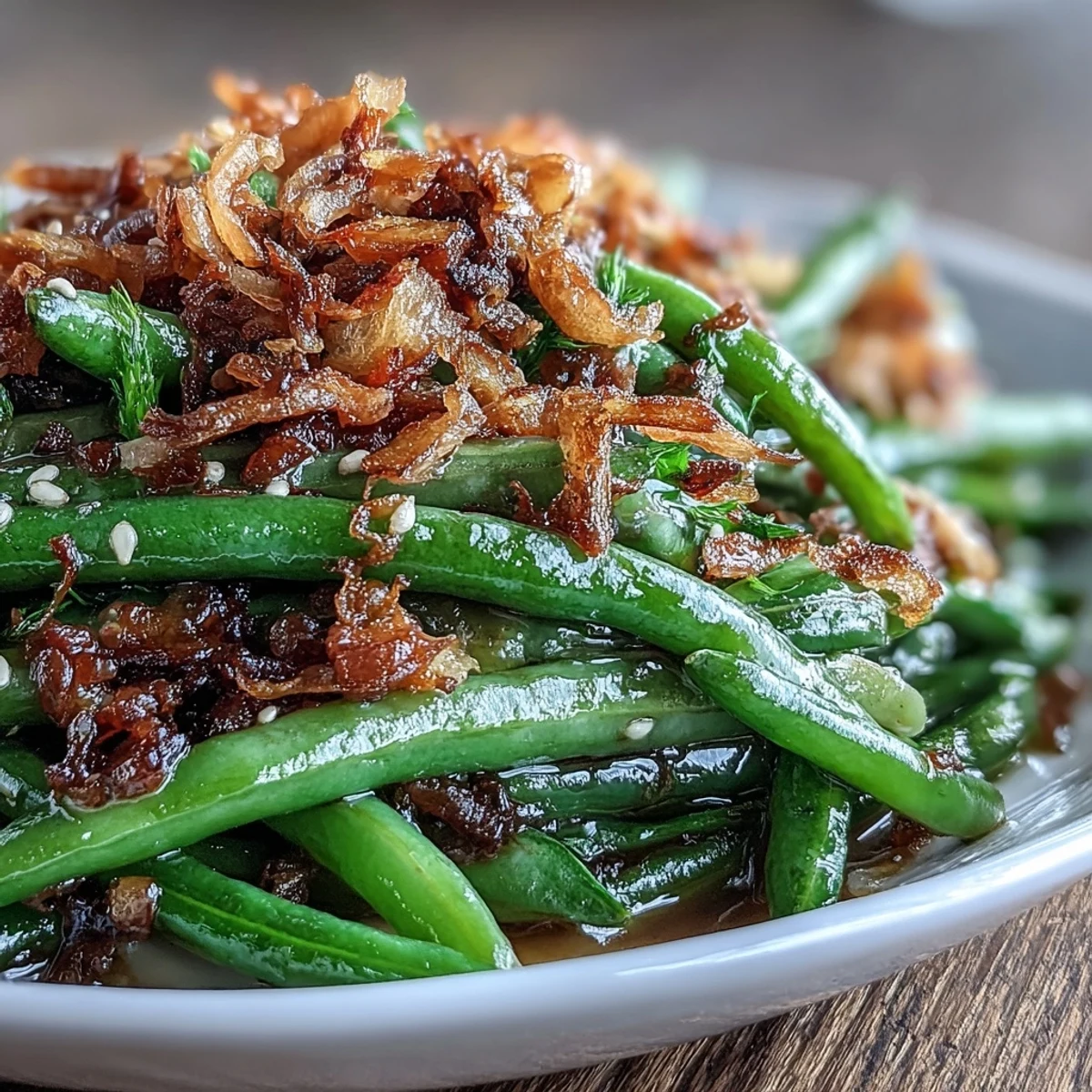 Aromatic green beans sautéed with garlic and sesame, topped with golden crispy onions for irresistible crunch and flavor.
