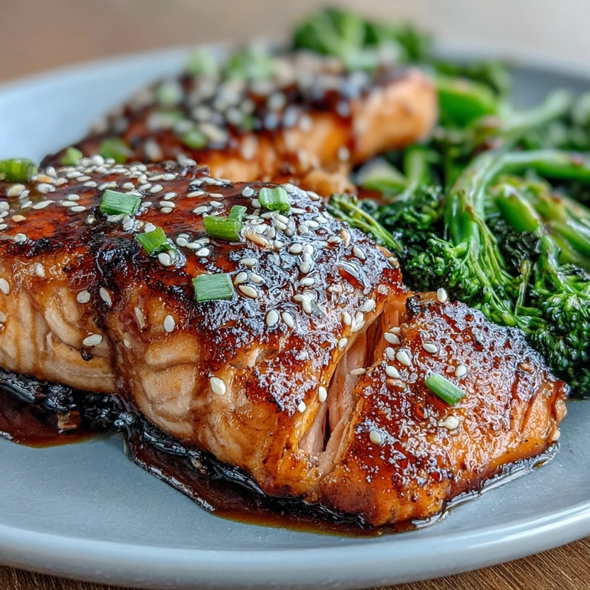 A beautifully glazed honey soy salmon fillet rests on a bed of sesame broccoli, with a glossy, caramelized finish.