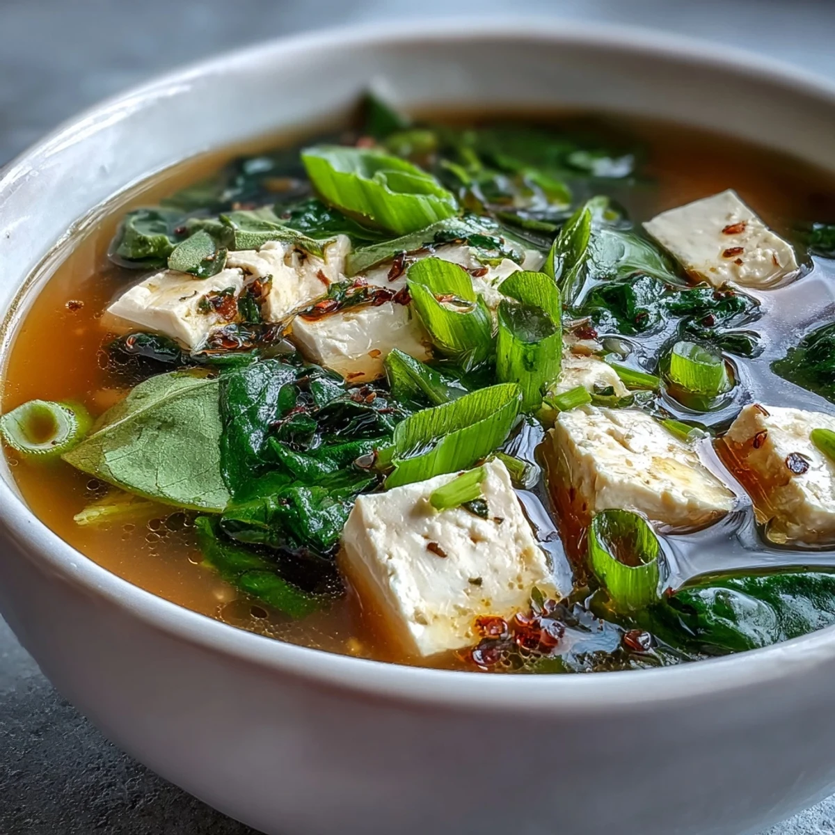 A warm bowl of miso soup with soft tofu, fresh spinach, and sliced green onions in a savory broth.  