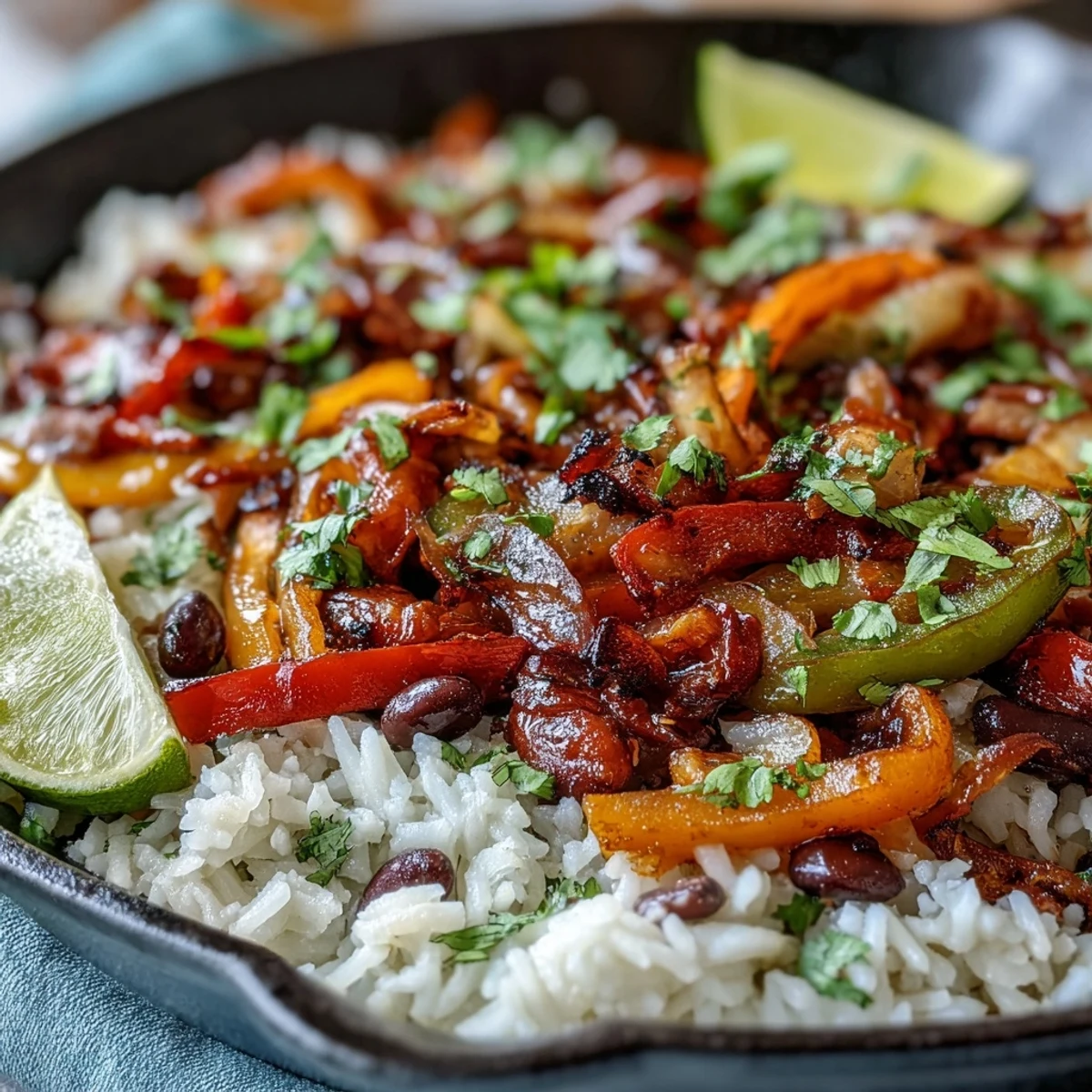 Colorful vegan fajita rice skillet with peppers, black beans, and zesty spices, served in a cast-iron pan with lime wedges and cilantro garnish.